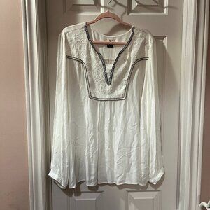 DC Jeans White Boho Blouse Top Black Trim Flowy V-Neck Women's Plus Size 2X